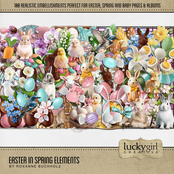 These fun and bright realistic digital scrapbooking embellishments by Lucky Girl Creative digital art are perfect for all your Easter, spring, and flower garden pages. Imagine the cute Easter Egg Hunt and Easter Bunny pages you could make!