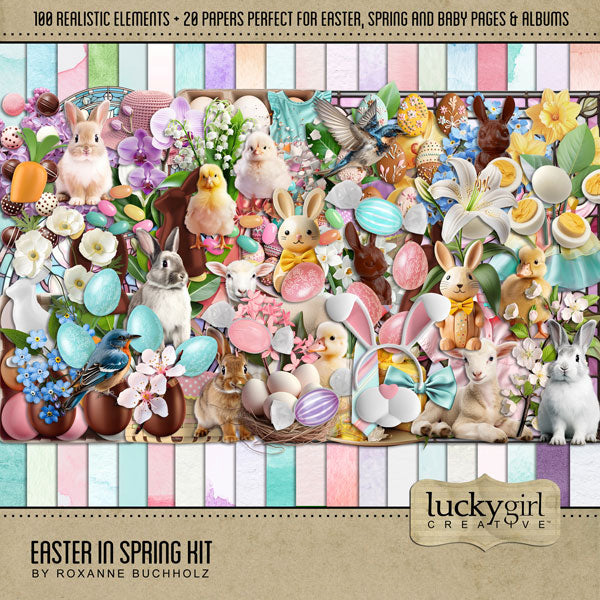 These fun and bright realistic digital scrapbooking embellishments and watercolor papers by Lucky Girl Creative digital art are perfect for all your Easter, spring, and flower garden pages. Imagine the cute Easter Egg Hunt and Easter Bunny pages you could make!