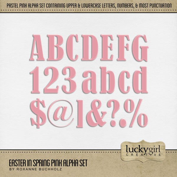Create your own digital scrapbooking titles and word art with these stylish pastel pink alphabet letters, numbers, and punctuation by Lucky Girl Creative digital art that are perfect for any occasion and theme. Especially great for any Easter, spring, or baby pages. The Easter in Spring Pink Alpha Set consists of a full set of digital art uppercase letters A-Z, lowercase letters a-z, numbers 0-9, and most punctuation marks.