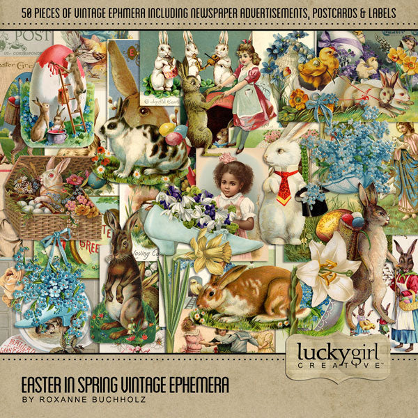 These vintage pieces of Easter ephemera from the early 1900s by Lucky Girl Creative digital art for digital scrapbooking will help add character and warmth to your family genealogy projects and Easter pages. The collection includes 50 antique digital art embellishments including postcards, greeting cards, and advertisements of an angel, chicken, baby, child, rabbit, bunny, chick, flower, daffodil, egg, Easter egg, Lily, forget me not, shoe, and more.