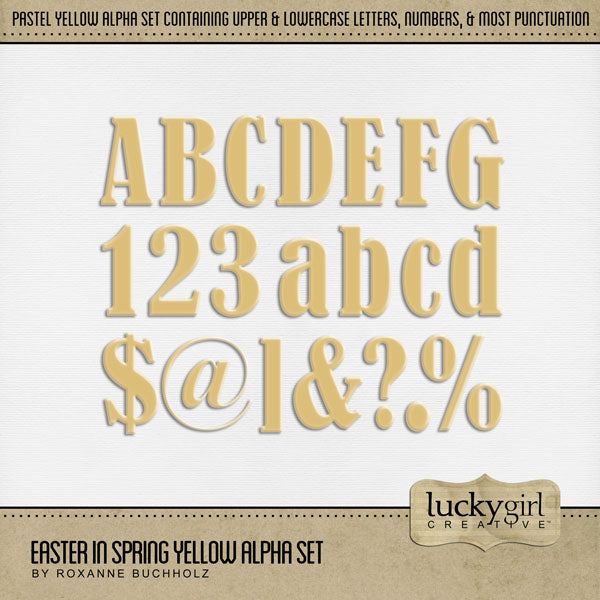 Create your own digital scrapbooking titles and word art with these stylish pastel yellow alphabet letters, numbers, and punctuation by Lucky Girl Creative digital art that are perfect for any occasion and theme. Especially great for any Easter, spring, or baby pages. The Easter in Spring Yellow Alpha Set consists of a full set of digital art uppercase letters A-Z, lowercase letters a-z, numbers 0-9, and most punctuation marks.