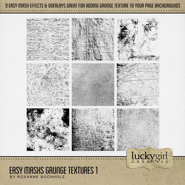 With 9 unique grunge textures, these digital art designs by Lucky Girl Creative can be used as is, filled with paper, colorized, or used as Blend Effects. Now you can design your own backgrounds! Make subtle or bold - the choice is yours!