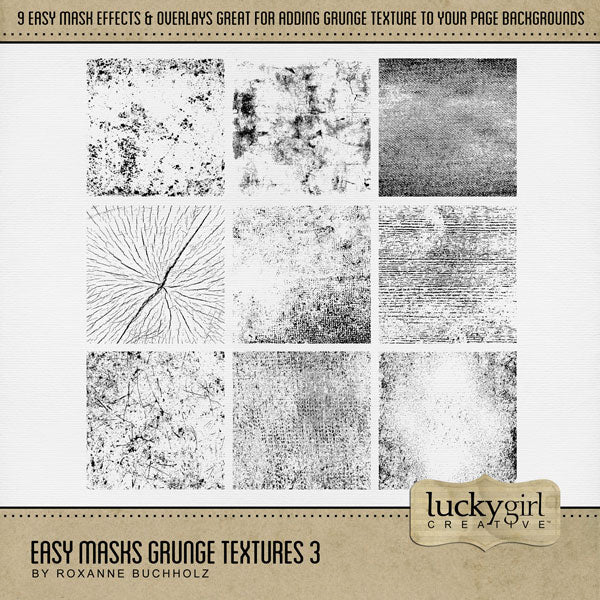 With 9 unique grunge textures, these digital art designs by Lucky Girl Creative can be used as is, filled with paper, colorized, or used as Blend Effects. Now you can design your own backgrounds! Make subtle or bold - the choice is yours!
