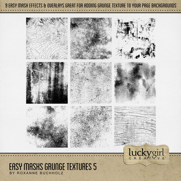 With 9 unique grunge textures, these digital art designs by Lucky Girl Creative can be used as is, filled with paper, colorized, or used as Blend Effects. Now you can design your own backgrounds! Make subtle or bold - the choice is yours!
