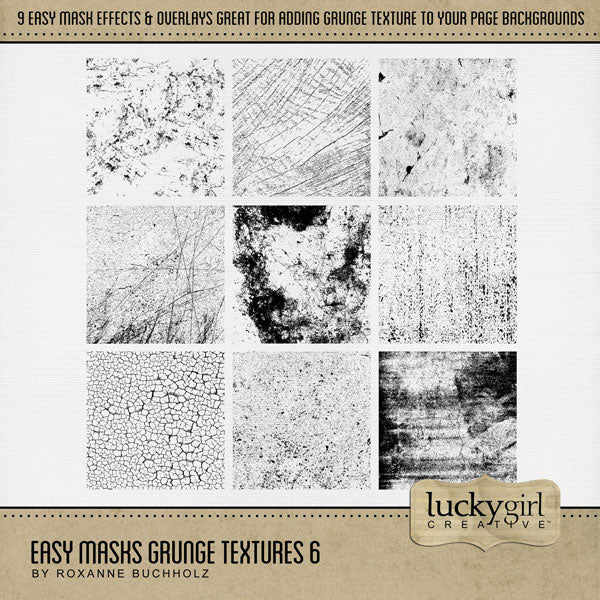 With 9 unique grunge textures, these digital art designs by Lucky Girl Creative can be used as is, filled with paper, colorized, or used as Blend Effects. Now you can design your own backgrounds! Make subtle or bold - the choice is yours!