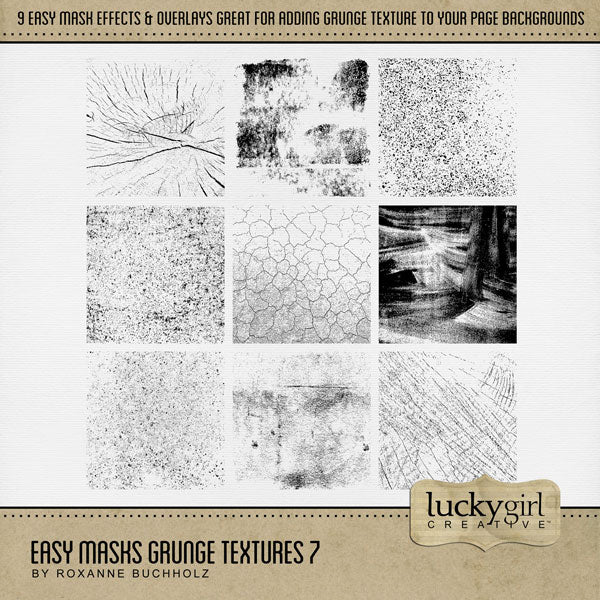 With 9 unique grunge textures, these digital art designs by Lucky Girl Creative can be used as is, filled with paper, colorized, or used as Blend Effects. Now you can design your own backgrounds! Make subtle or bold - the choice is yours!