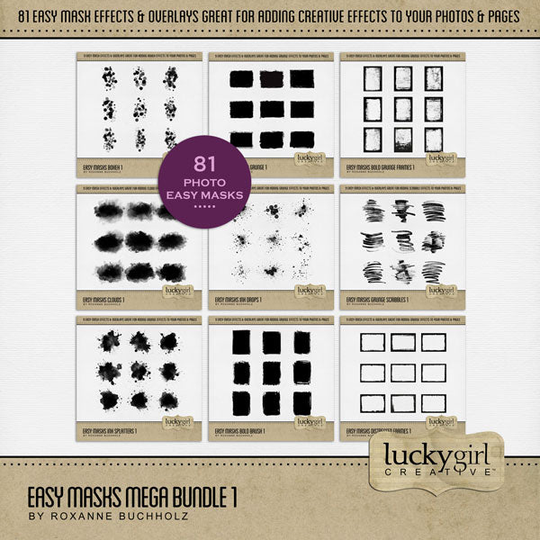 With 81 unique photo masks supplied as both standard and inverse embellishments, these digital photo masks by Lucky Girl Creative digital art for digital scrapbooking can be filled with paper or photos, colorized, or used as Blend effects. In Photoshop, drop the photo mask on your page, overlay with your favorite photo, and create a clipping path for a stunning result.