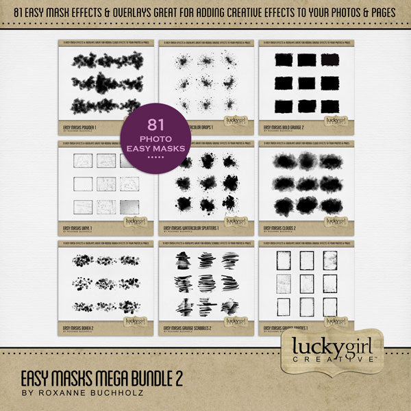 With 81 unique photo masks supplied as both standard and inverse embellishments, these digital photo masks by Lucky Girl Creative digital art for digital scrapbooking can be filled with paper or photos, colorized, or used as Blend effects. In Photoshop, drop the photo mask on your page, overlay with your favorite photo, and create a clipping path for a stunning result.
