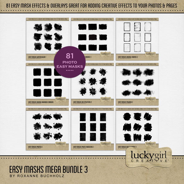 With 81 unique photo masks supplied as both standard and inverse embellishments, these digital photo masks by Lucky Girl Creative digital art for digital scrapbooking can be filled with paper or photos, colorized, or used as Blend effects. In Photoshop, drop the photo mask on your page, overlay with your favorite photo, and create a clipping path for a stunning result.