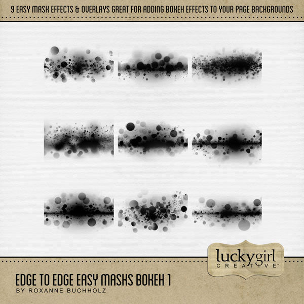 With 9 unique photo masks supplied as both standard and inverse embellishments, these digital photo masks by Lucky Girl Creative can be filled with paper or photos, colorized, or used as Blend effects. In Photoshop, drop the photo mask on your page, overlay with your favorite photo, and create a clipping path for a stunning result.