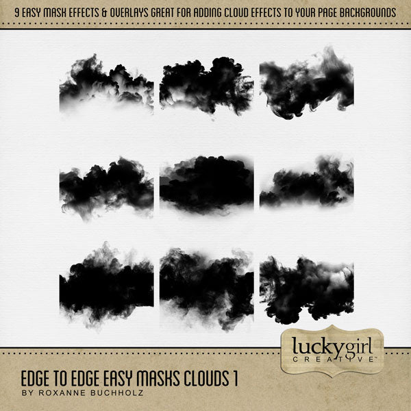 With 9 unique photo masks supplied as both standard and inverse embellishments, these digital photo masks by Lucky Girl Creative can be filled with paper or photos, colorized, or used as Blend effects. In Photoshop, drop the photo mask on your page, overlay with your favorite photo, and create a clipping path for a stunning result.
