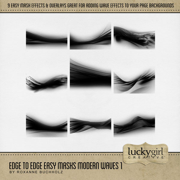 With 9 unique photo masks supplied as both standard and inverse embellishments, these digital photo masks by Lucky Girl Creative can be filled with paper or photos, colorized, or used as Blend effects. In Photoshop, drop the photo mask on your page, overlay with your favorite photo, and create a clipping path for a stunning result.