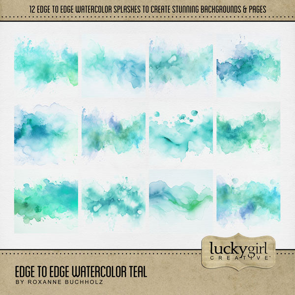 Add a fun splash of color to your digital scrapbooking background papers. With transparent edges, these 12" wide watercolor wave overlays by Lucky Girl Creative digital art blend seamlessly into any background paper and make the perfect backdrop for all travel, vacation, and summer pages. This kit is included in the Edge to Edge Watercolor Bundle.