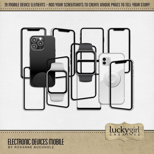 Create unique digital scrapbooking pages with these mobile device and phone cases by Lucky Girl Creative digital art. Simply add your screenshot behind the embellishment and use over and over again! Kit also includes mobile watches, pop socket, and phone stand. This kit is included in the Electronic Devices Bundle.
