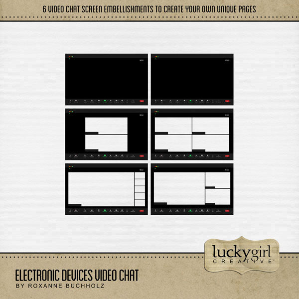 Create unique digital scrapbooking pages with these video chat computer screens by Lucky Girl Creative digital art. Simply add your screenshot behind the embellishment and use over and over again! Great for Zoom meetings and social gatherings! This kit is included in the Electronic Devices Bundle.