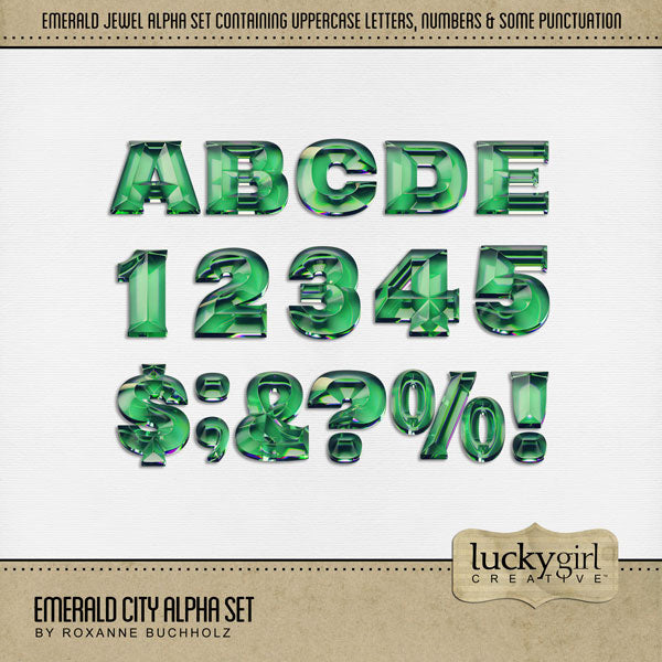 Showcase your family memories with this versatile emerald gem digital alpha set by Lucky Girl Creative. Perfect for Halloween, St. Patrick's Day, wedding or anniversary parties, or forest or tropical adventures. The entire collection is inspired by the Wizard of Oz with an Over the Rainbow theme. The Emerald City Alpha Set consists of a full set of digital art uppercase letters, lowercase letters, numbers 0-9, and most punctuation marks. This alpha set is available as individual embellishments only.