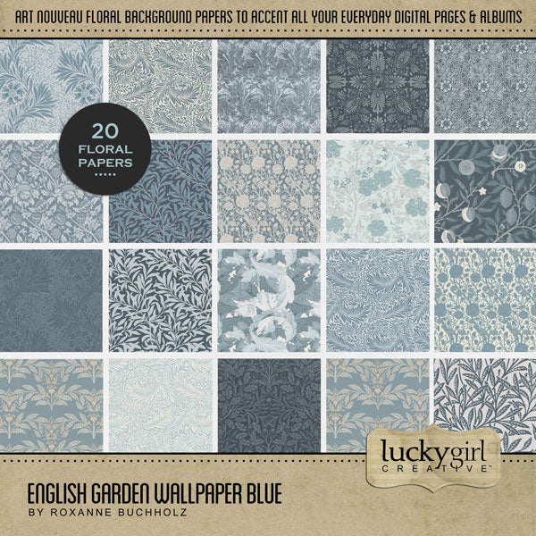 Add beautiful blue monochromatic floral papers by Lucky Girl Creative digital art to all your scrapbooking pages and albums. Inspired by the Art Nouveau Arts & Crafts Movement of the 1870's, these background papers will add a subtle touch of warmth to your projects. This kit is included in the English Garden Wallpaper Bundle.