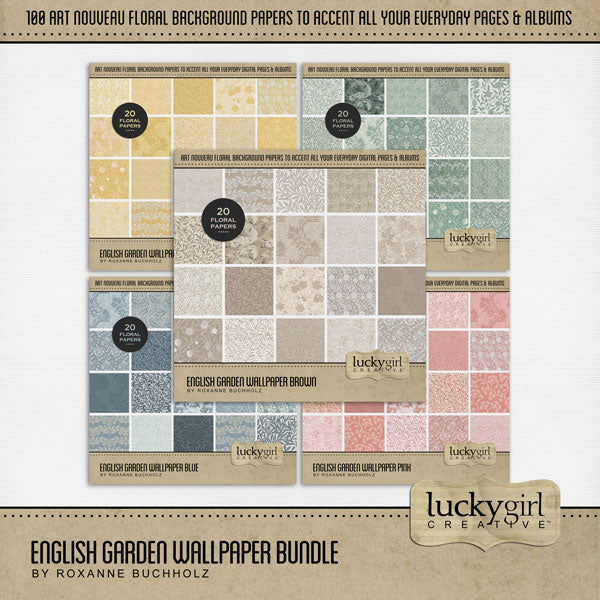 Add beautiful blue monochromatic floral papers by Lucky Girl Creative digital art to all your scrapbooking pages and albums. Inspired by the Art Nouveau Arts & Crafts Movement of the 1870's, these background papers will add a subtle touch of warmth to your projects. Colors include blue, brown, green, pink, and yellow.