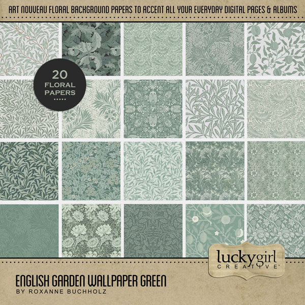 Add beautiful green monochromatic floral papers by Lucky Girl Creative digital art to all your scrapbooking pages and albums. Inspired by the Art Nouveau Arts & Crafts Movement of the 1870's, these background papers will add a subtle touch of warmth to your projects. This kit is included in the English Garden Wallpaper Bundle.