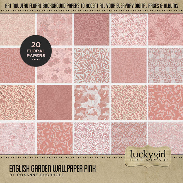 Add beautiful pink monochromatic floral papers by Lucky Girl Creative digital art to all your scrapbooking pages and albums. Inspired by the Art Nouveau Arts & Crafts Movement of the 1870's, these background papers will add a subtle touch of warmth to your projects. This kit is included in the English Garden Wallpaper Bundle.