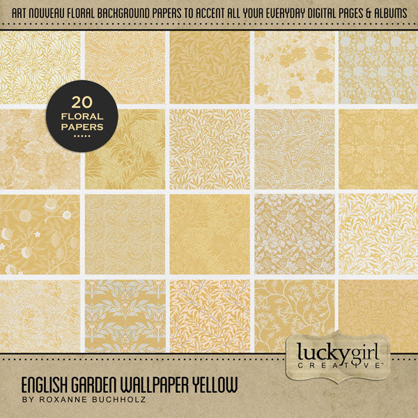 Add beautiful yellow monochromatic floral papers by Lucky Girl Creative digital art to all your scrapbooking pages and albums. Inspired by the Art Nouveau Arts & Crafts Movement of the 1870's, these background papers will add a subtle touch of warmth to your projects. This kit is included in the English Garden Wallpaper Bundle.
