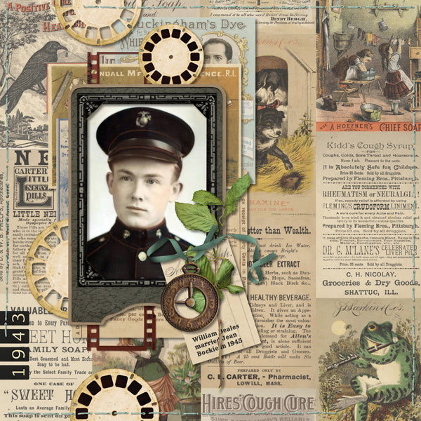 These vintage health and beauty pieces of ephemera by Lucky Girl Creative will help you add character and warmth to your family genealogy projects. Collection includes 50 antique digital art embellishments including newspaper advertisements, antique postcards, and labels featuring children, laundry soap, vitamins, hair products, perfume, and more. 