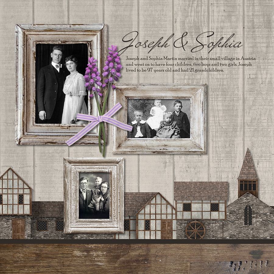 Perfect for travels to Europe, preserving memories of your European family history, or documenting the American colonies, this digital art bundle is full of realistic embellishments of country village houses, taverns, vintage churches, mills, a windmill, pub and tavern signs, windows and shutters, frame clusters, and more.