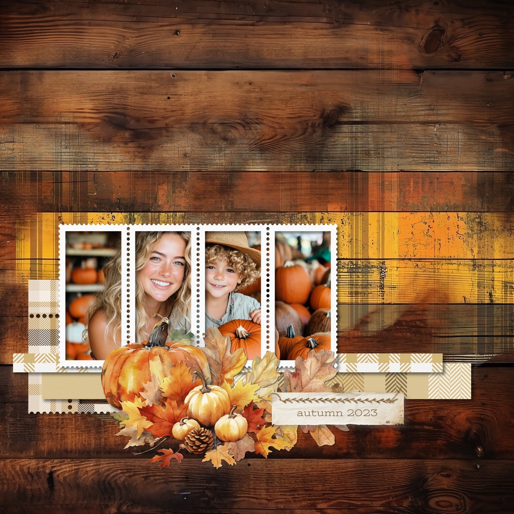 Enjoy the autumn season with these warm seasonal digital scrapbooking background papers by Lucky Girl Creative digital art. Great for fall, visiting the pumpkin patch, Thanksgiving, and Halloween pages. The wood backgrounds feature tones of brown, orange, and yellow with a mix of damask and plaid patterns. This kit is included in the Fall Favorites Papers Bundle.