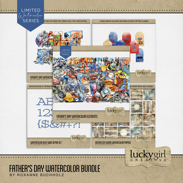 Add a touch of warmth to your Father's Day digital scrapbooking pages with these fun watercolor embellishments, distressed wood papers, clusters, and alpha set by Lucky Girl Creative digital art featuring gaming, sports, grilling, racing, and more! Embellishments include all terrain vehicle, ATV, quad, dog, Aussie, Doberman, Golden Retriever, clothing, clothes, belt, sport coat, jacket, bow tie, baseball cap, denim blue jeans, flannel plaid shirt, shoes, sorts, sneakers, work boots, laptop, and more.