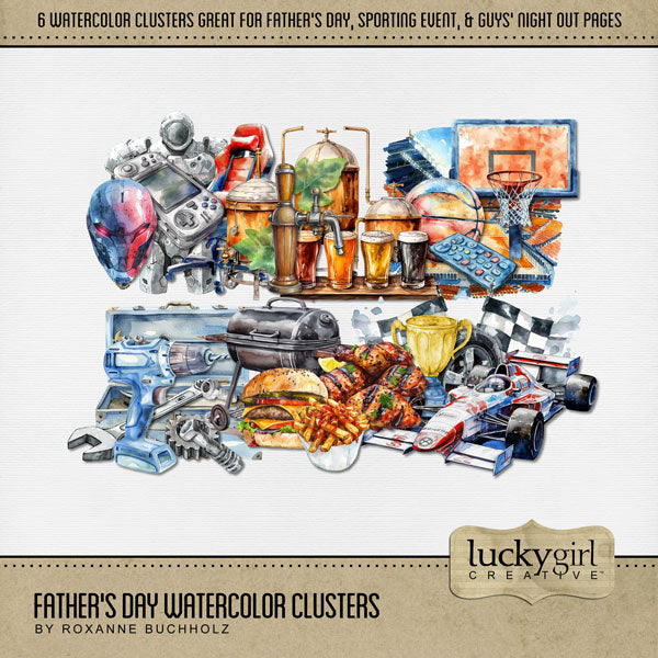 Add a touch of warmth to your Father's Day digital scrapbooking pages with these fun cluster embellishments by Lucky Girl Creative digital art featuring gaming, sports, grilling, racing, and more! Clusters include mask, gaming chair, game console, racing car, race flag, checkered flags, trophy, basketball, basketball court, remote control, barbeque grill, BBQ food, hamburger, chicken, French fries, tool box, drill, wrench, screws, nuts and bolts, beer flight, and distillery.