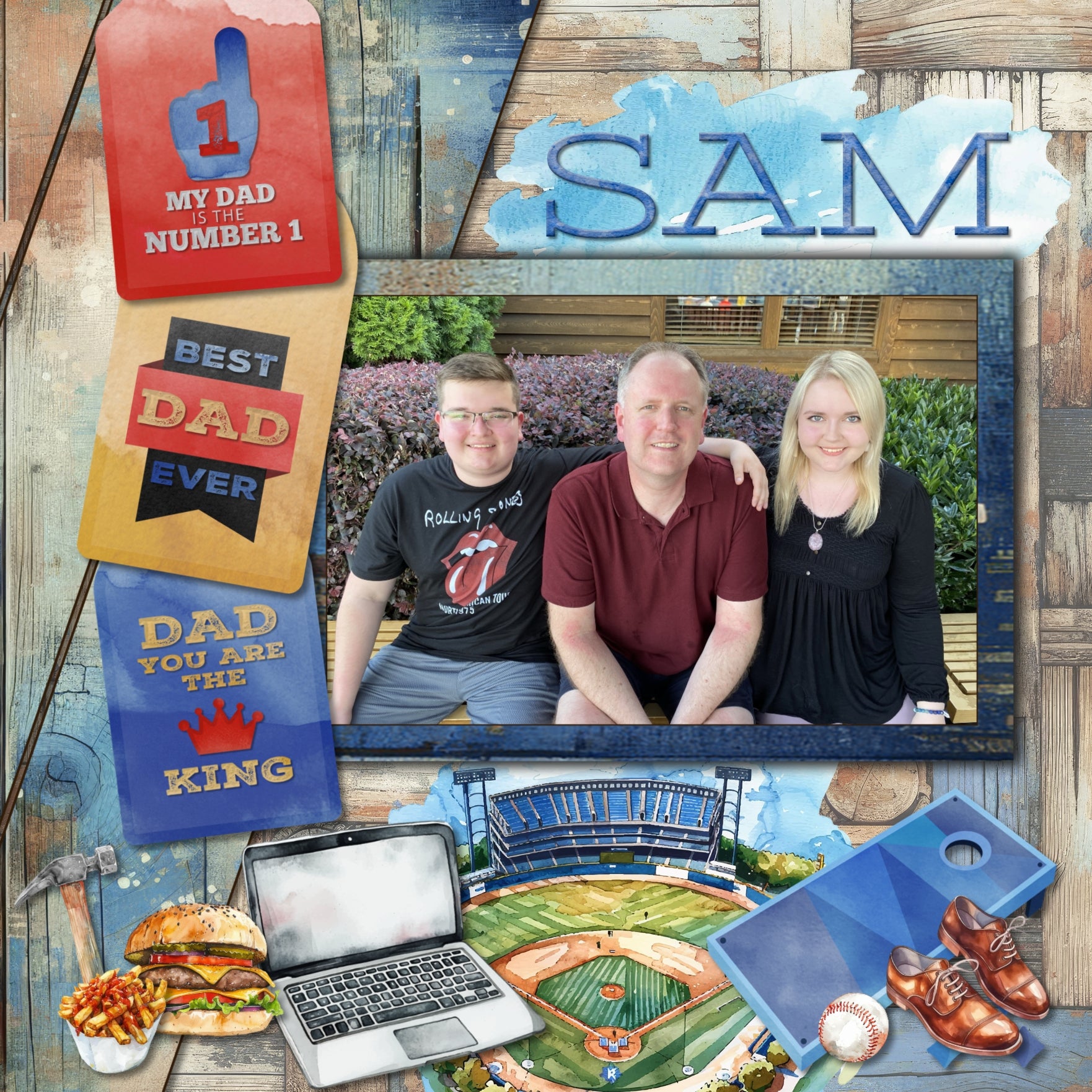 Add a touch of warmth to your Father's Day digital scrapbooking pages with these fun watercolor embellishments, distressed wood papers, clusters, and alpha set by Lucky Girl Creative digital art featuring gaming, sports, grilling, racing, and more! Embellishments include all terrain vehicle, ATV, quad, dog, Aussie, Doberman, Golden Retriever, clothing, clothes, belt, sport coat, jacket, bow tie, baseball cap, denim blue jeans, flannel plaid shirt, shoes, sorts, sneakers, work boots, laptop, and more.