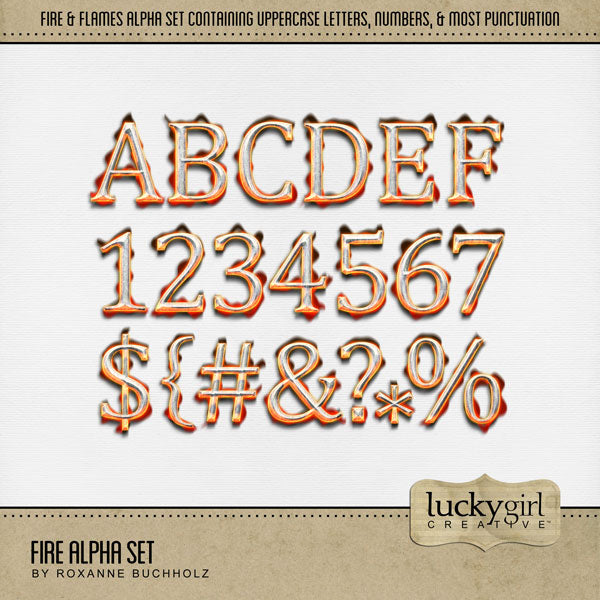 Add these hot fire and flame letters, numbers, and punctuation by Lucky Girl Creative digital art to all your digital scrapbooking pages and mix-and-match them on various projects throughout the year! Great for sports, hot summer days, natural disasters, and volcano excursions. The Fire Alpha Set consists of a full set of digital art uppercase alphabet letters A-Z, numbers 0-9, and most punctuation marks.