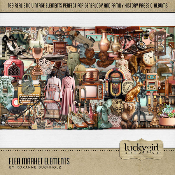 Great for genealogy and family history albums and keepsake digital art pages, these realistic antique digital scrapbooking embellishments by Lucky Girl Creative are perfect for layering with your antique photographs to give that realistic vintage look. Whether you love browsing through a flea market, vintage market, rummage or garage sale, these embellishments will showcase your treasured finds.