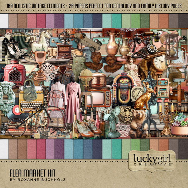 Great for genealogy and family history albums and keepsake digital art pages, these realistic antique digital scrapbooking embellishments and pretty textured papers by Lucky Girl Creative are perfect for layering with your antique photographs to give that realistic vintage look. Whether you love browsing through a flea market, vintage market, rummage or garage sale, these embellishments will showcase your treasured finds.