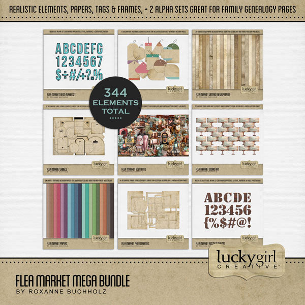 Great for genealogy and family history albums and keepsake digital art pages, these realistic antique digital scrapbooking embellishments, pretty textured papers, alpha sets, word art, and masked photo overlays by Lucky Girl Creative digital art are perfect for layering with your antique photographs to give that realistic vintage look. Whether you love browsing through a flea market, vintage market, rummage or garage sale, these embellishments will showcase your treasured finds.