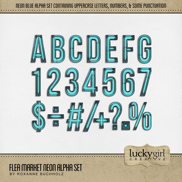 Great for creating one-of-a-kind titles for your digital scrapbooking pages, these neon digital scrapbooking alphabet letters, numbers, and punctuation by Lucky Girl Creative digital art are perfect for layering with your favorite photos. Whether you love browsing through a flea market, vintage market, rummage or garage sale, these embellishments will showcase your treasured finds.