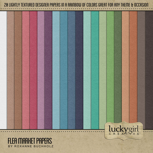 Great for genealogy and family history albums and keepsake digital art pages, these pretty textured digital scrapbooking papers by Lucky Girl Creative digital art are perfect for layering with your antique photographs to add that modern touch. Whether you love browsing through a flea market, vintage market, rummage or garage sale, these embellishments will showcase your treasured finds. Great for summer and everyday pages, too!
