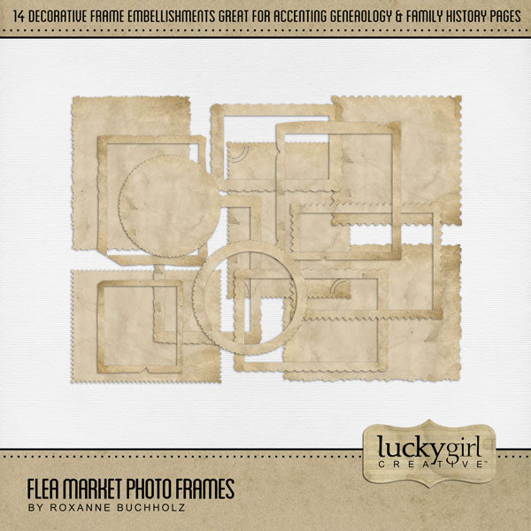 Great for genealogy and family history albums and keepsake digital art pages, these antique digital scrapbooking photo frames by Lucky Girl Creative digital art are perfect for layering with your antique photographs to give that realistic vintage look. Whether you love browsing through a flea market, vintage market, rummage or garage sale, these embellishments will showcase your treasured finds.