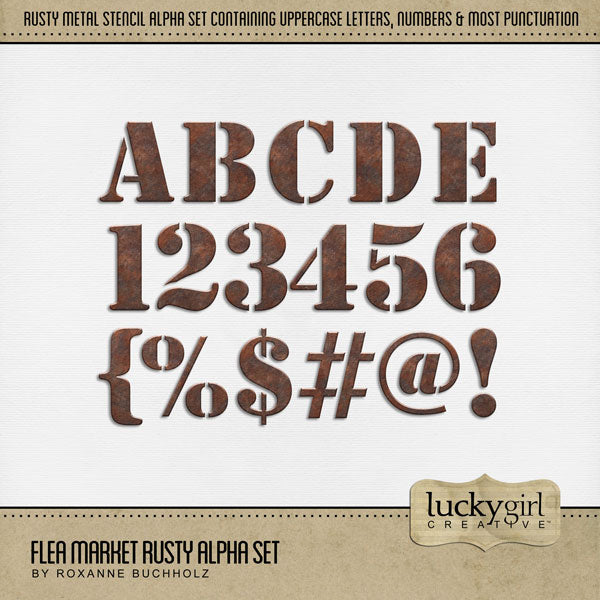 Great for genealogy and family history albums and keepsake digital art title pages, these antique rusty digital scrapbooking alphabet letters, numbers, and punctuation by Lucky Girl Creative digital art are perfect for layering with your antique photographs to give that realistic vintage look. Whether you love browsing through a flea market, vintage market, rummage or garage sale, these embellishments will showcase your treasured finds.