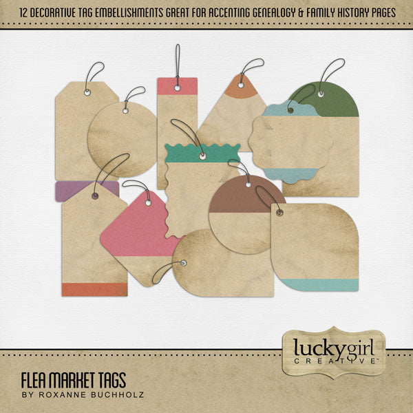 Great for genealogy and family history albums and keepsake digital art pages, these antique digital scrapbooking tags by Lucky Girl Creative digital art are perfect for layering with your antique photographs to give that realistic vintage look. Whether you love browsing through a flea market, vintage market, rummage or garage sale, these embellishments will showcase your treasured finds.