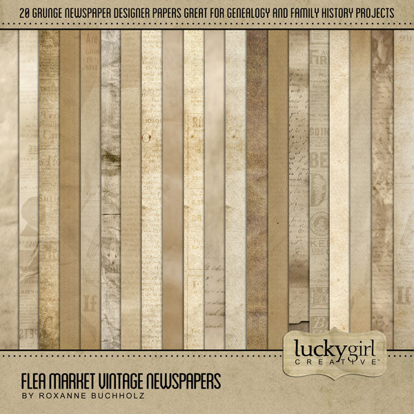 Great for genealogy and family history albums and keepsake digital art pages, these digital scrapbooking antique newsprint papers by Lucky Girl Creative digital art are perfect for layering with your antique photographs to add that vintage touch. Whether you love browsing through a flea market, vintage market, rummage or garage sale, these embellishments will showcase your treasured finds.