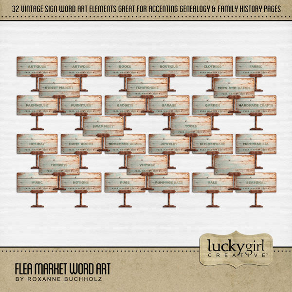 Great for genealogy and family history albums and keepsake digital art pages, these rustic wood digital scrapbooking word art signs by Lucky Girl Creative digital art are perfect for layering with your antique photographs to give that realistic vintage look. Whether you love browsing through a flea market, vintage market, rummage or garage sale, these embellishments will showcase your treasured finds.