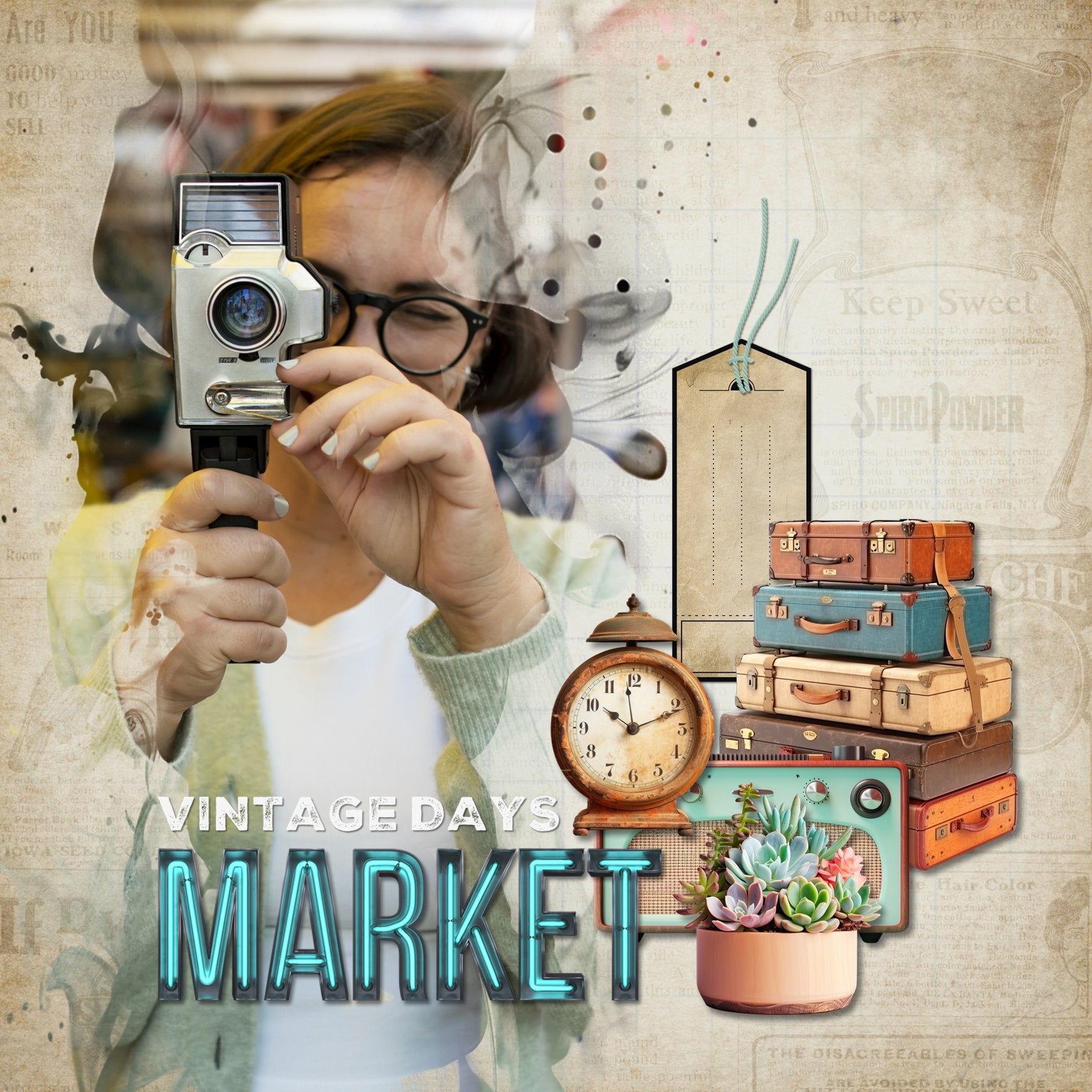 Great for genealogy and family history albums and keepsake digital art pages, these realistic antique digital scrapbooking embellishments, pretty textured papers, alpha sets, word art, and masked photo overlays by Lucky Girl Creative digital art are perfect for layering with your antique photographs to give that realistic vintage look. Whether you love browsing through a flea market, vintage market, rummage or garage sale, these embellishments will showcase your treasured finds.