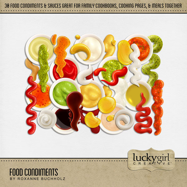 Accent all your favorite food, kitchen, restaurant, and cookbook pages with these realistic condiment and sauce embellishments by Lucky Girl Creative digital art for digital scrapbooking. Perfect for creating family cookbooks and recipe cards - the best holiday gifts ever! Great for the chef, cooking, and family dinners!