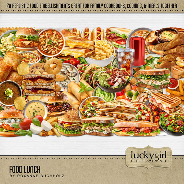 Accent all your favorite food, kitchen, restaurant, and cookbook pages with these realistic lunch and dinner embellishments by Lucky Girl Creative digital art for digital scrapbooking. Perfect for creating family cookbooks and recipe cards - the best holiday gifts ever! Great for the chef, cooking, and family meals, lunch, and dinner!
