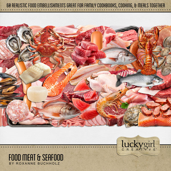 Accent all your favorite food, kitchen, restaurant, and cookbook pages with these realistic meat and seafood embellishments by Lucky Girl Creative digital art for digital scrapbooking. Perfect for creating family cookbooks and recipe cards - the best holiday gifts ever! Great for the chef, cooking, and family dinners!