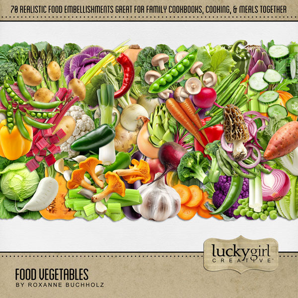 Accent all your favorite food, kitchen, restaurant, and cookbook pages with these realistic vegetable embellishments by Lucky Girl Creative digital art for digital scrapbooking. Perfect for creating family cookbooks and recipe cards - the best holiday gifts ever! Great for the chef, cooking, and family dinners!