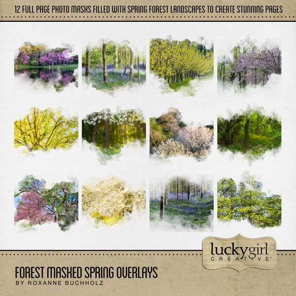 Be inspired by the beautiful colors of the forest with these beautiful masked spring overlays by Lucky Girl Creative digital art filled with scenic tree landscapes. With transparent edges, these masked photographs blend seamlessly into any background paper and make the perfect backdrop for photos of nature, the outdoors, and even spring.