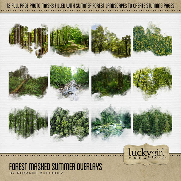 Be inspired by the beautiful colors of the forest with these beautiful masked summer overlays by Lucky Girl Creative digital art filled with scenic tree landscapes. With transparent edges, these masked photographs blend seamlessly into any background paper and make the perfect backdrop for photos of nature, the outdoors, and even summer.