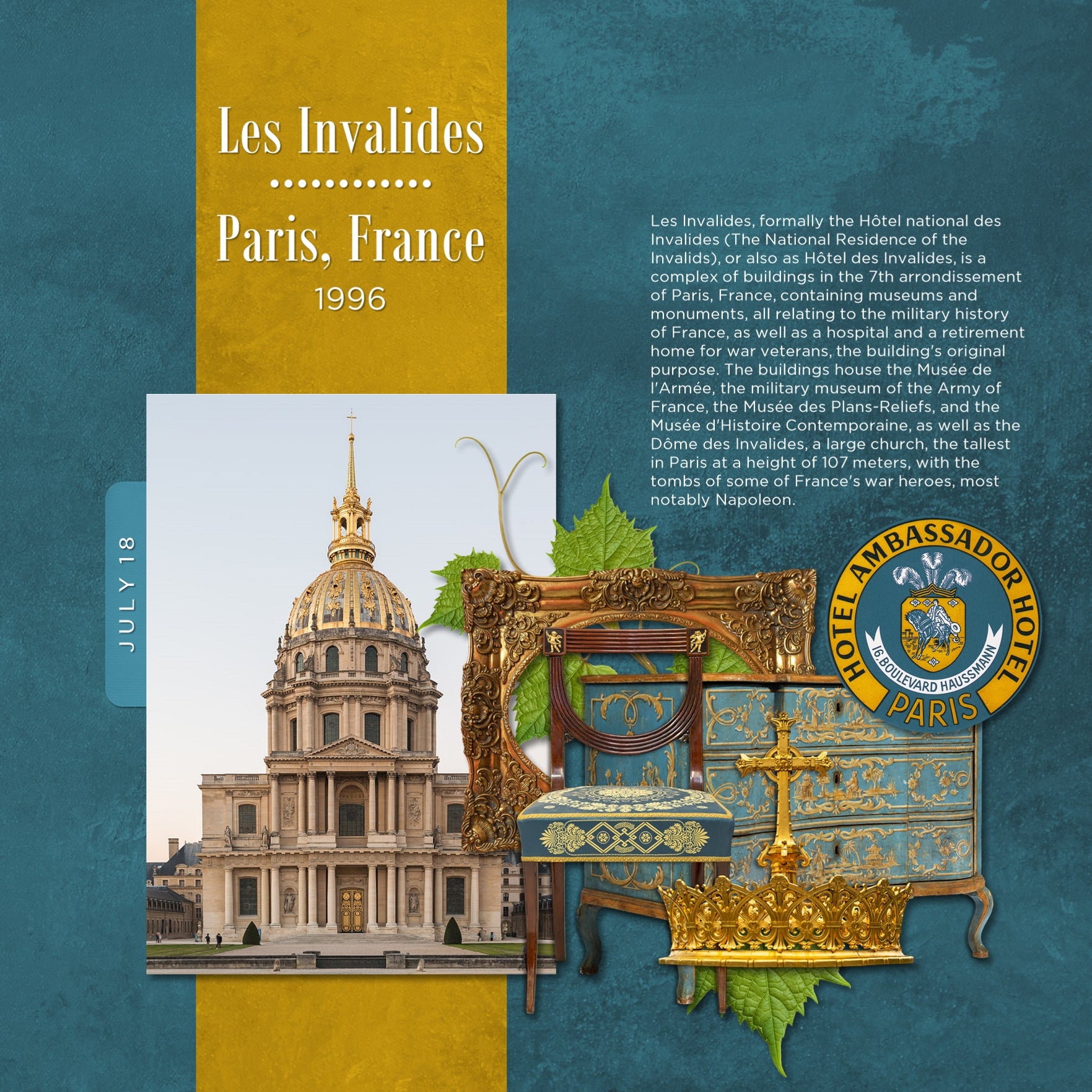 Adventure and explore through France with this beautiful and realistic travel bundle filled with authentic French digital art embellishments, designer digital papers, clusters, pastry embellishments, and hotel luggage labels. Whether you have taken a holiday to France, love French cuisine, wine, or coffee shops, exploring museums, or are documenting family genealogy, this collection will authentically accent your photos.